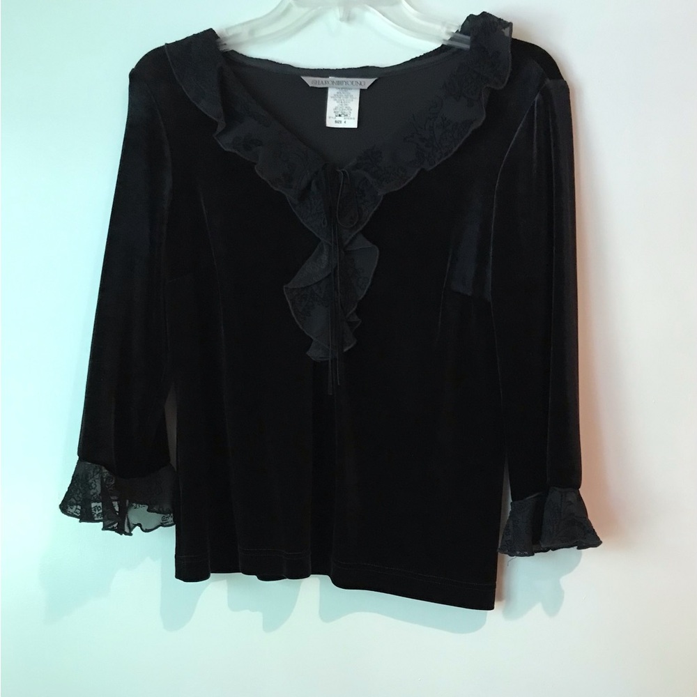 S Sharon Young Black Velvet Ruffle Top